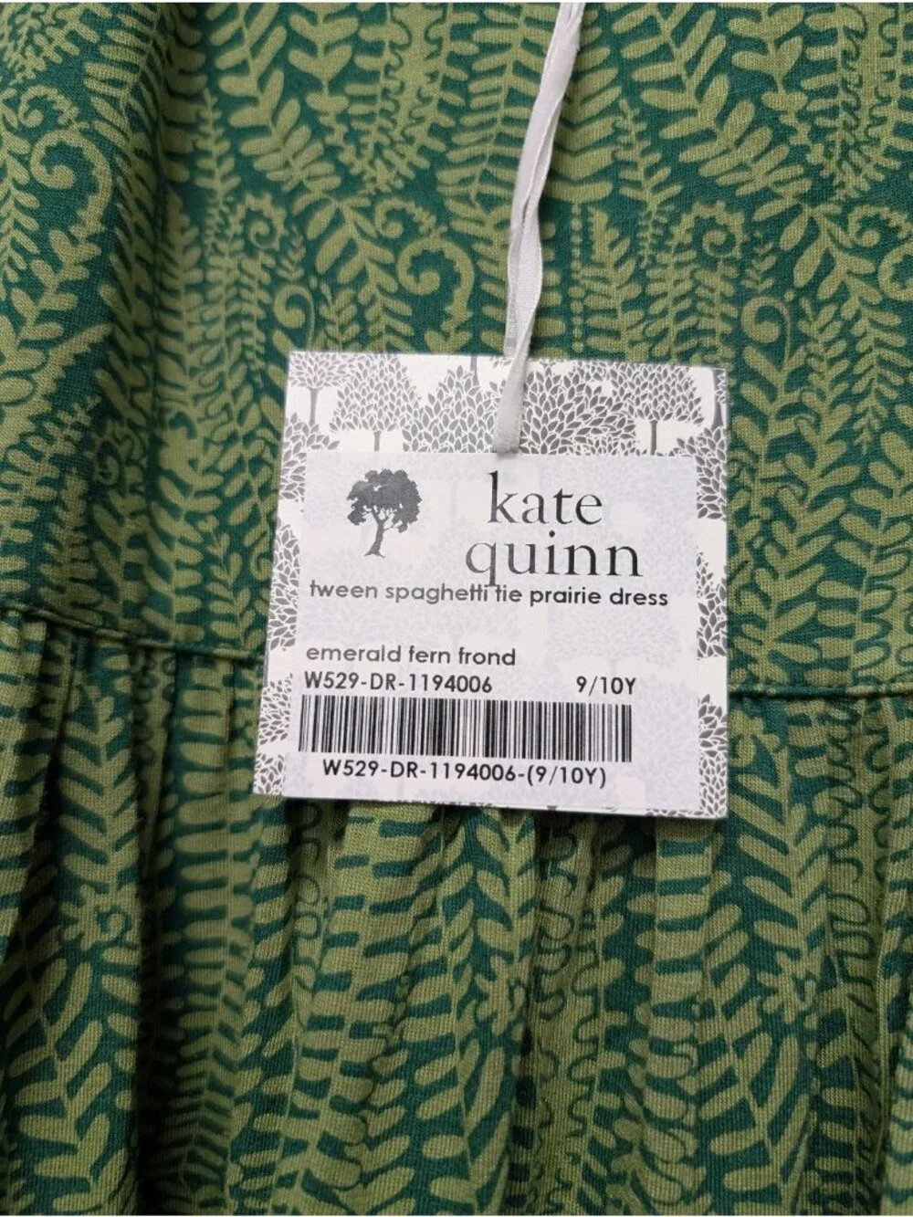 Kate Quinn Bamboo Emerald Green Fern Frond Tie Strap Prairie Dress 9/10Y